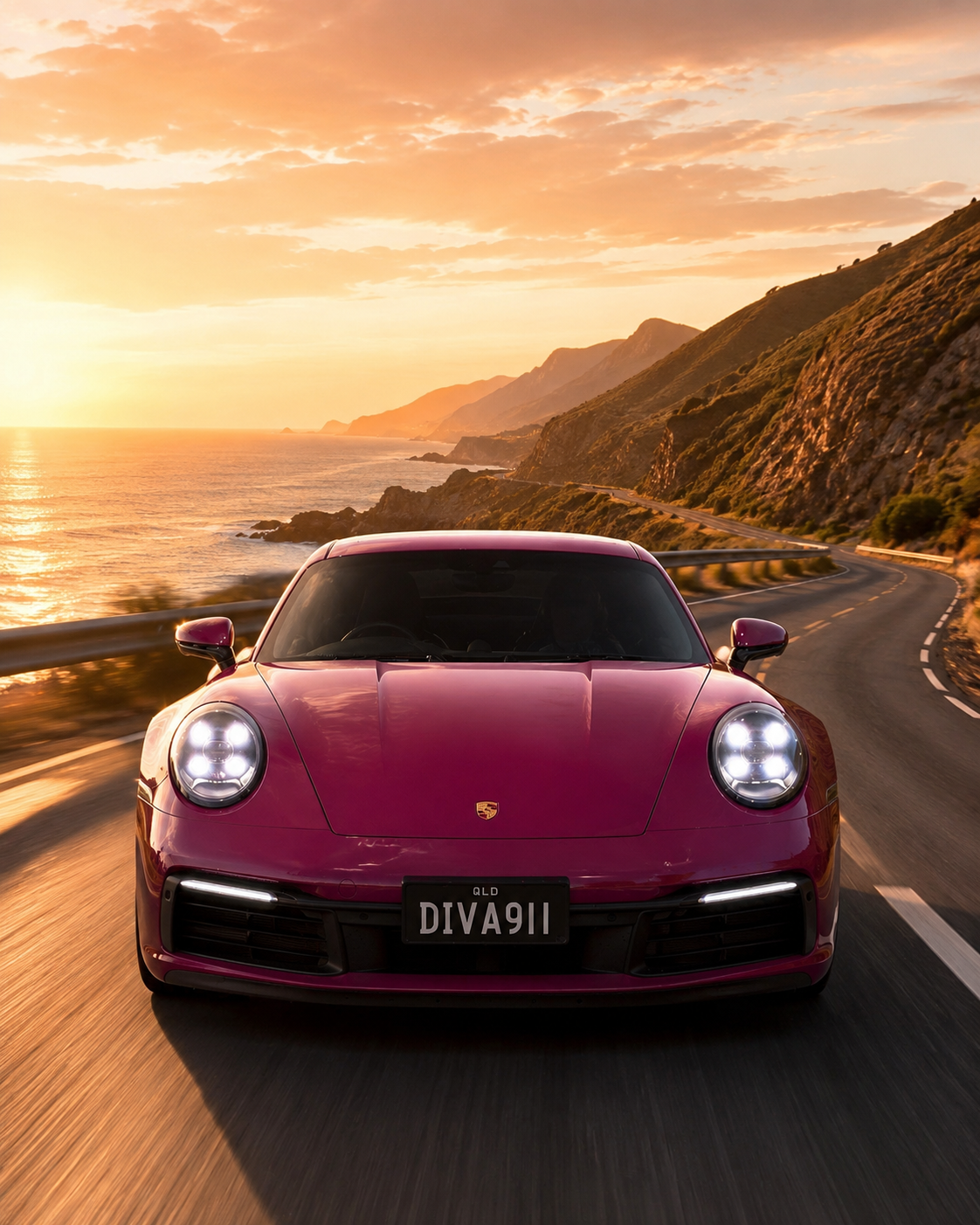 The Ruby Star Pink Porsche 911 on a coastal road at golden hour